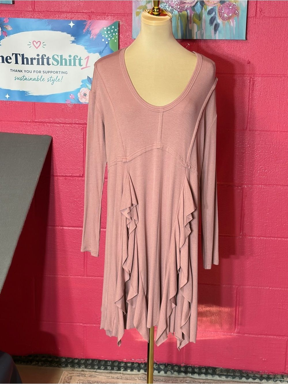 Bluivy Mauve Pink Ruffle Tunic Top Medium Long Sleeve Flowy Boho